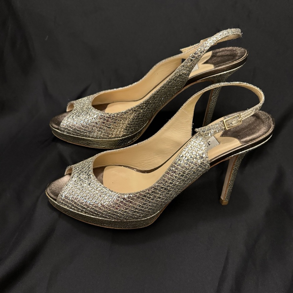 Authentic Jimmy Choo Nova Champagne Glittery Peep Toe Slingbacks w/ Original Box - Picture 3 of 16